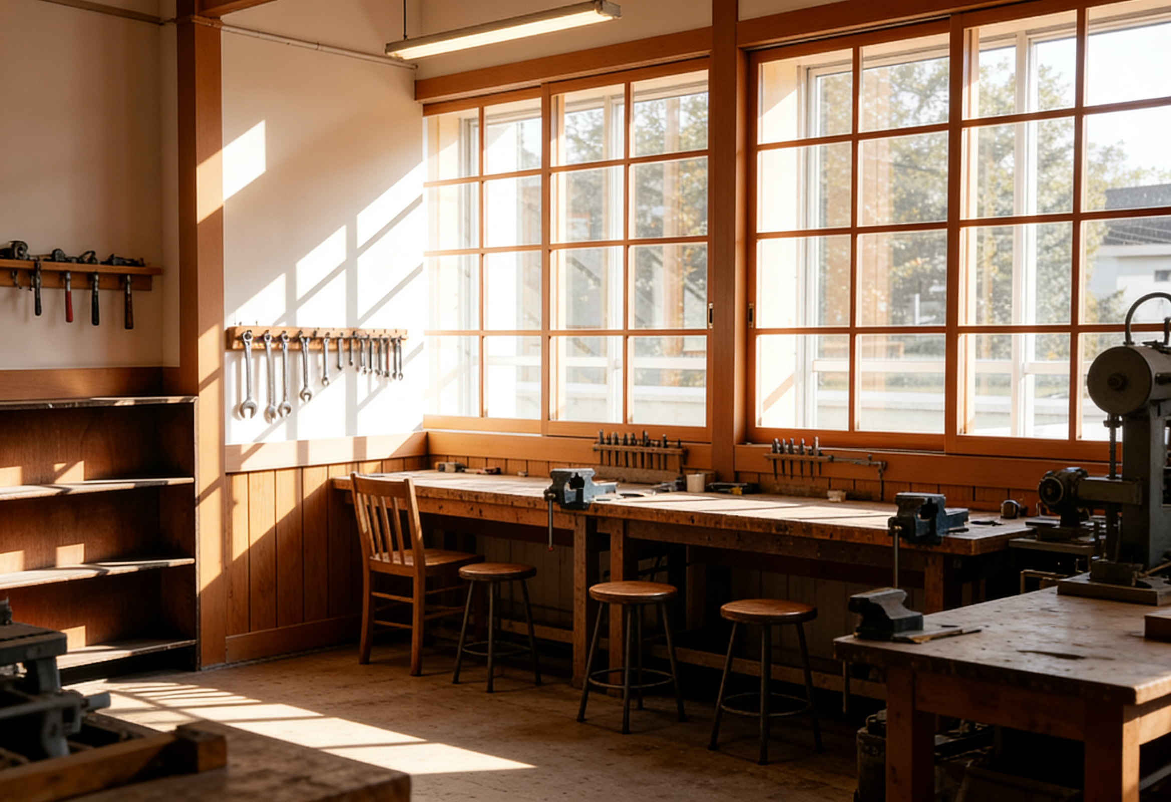 Photo of a elementary school classroom with empty wooden desks and sun shining through the windows.